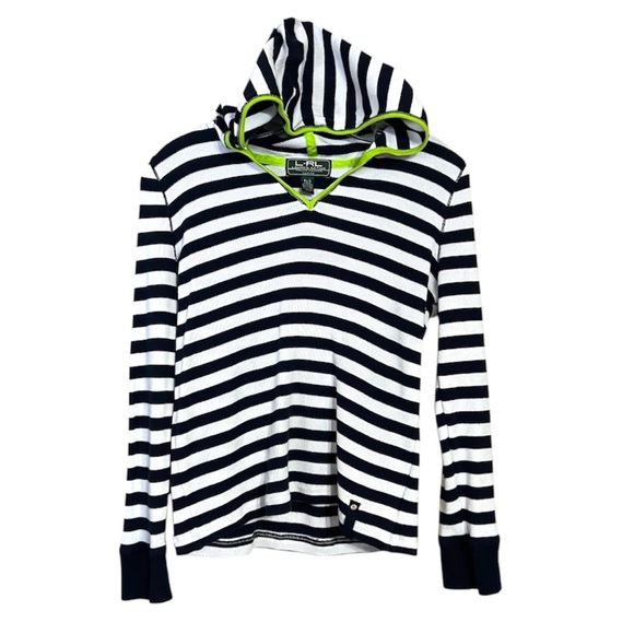 LRL Ralph Lauren Navy Blue White Stripe Stretch Waffle Knit Hoodie Sz LP EUC - Picture 2 of 11
